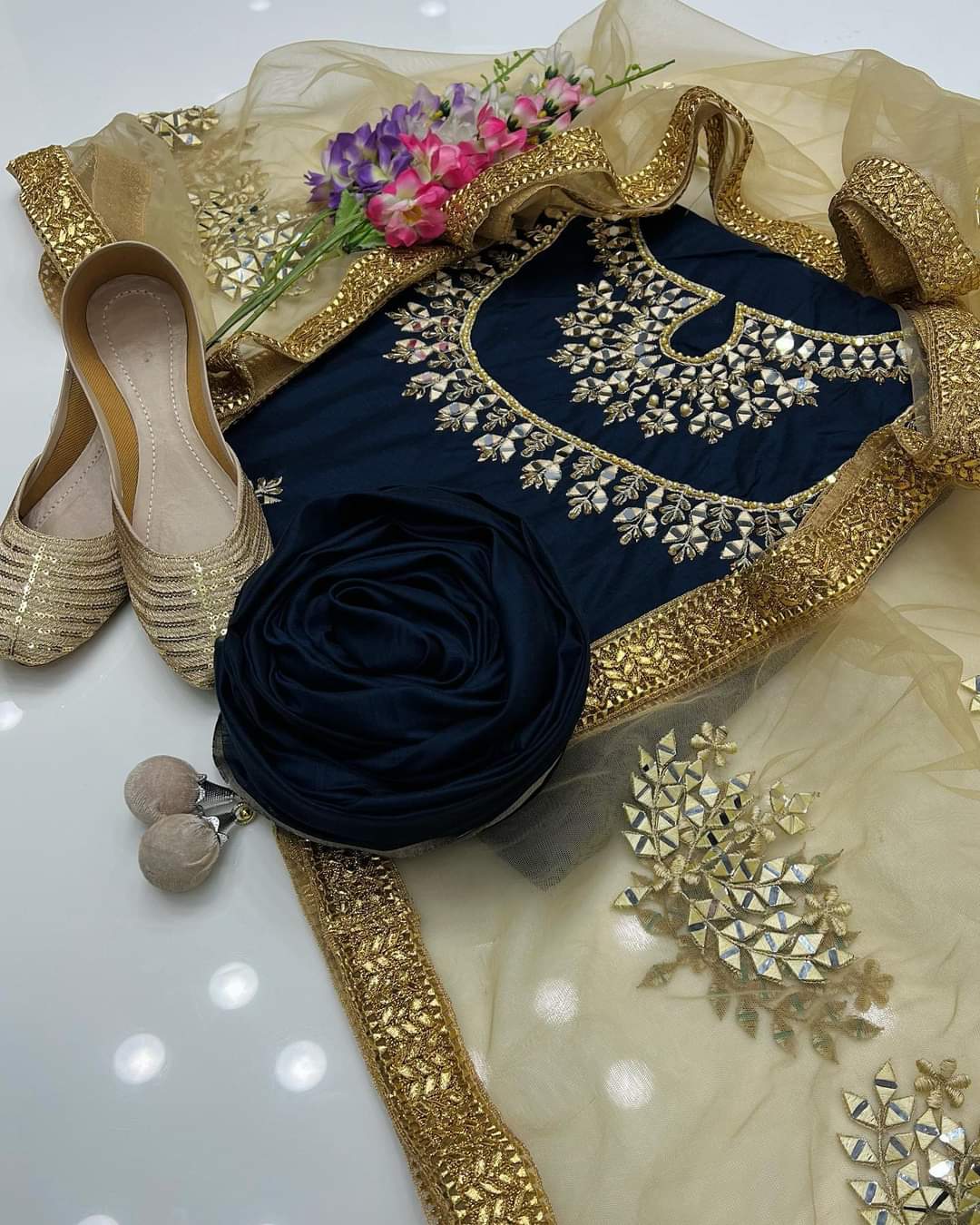 Kataan Suit with Net Mirror Work Dupatta