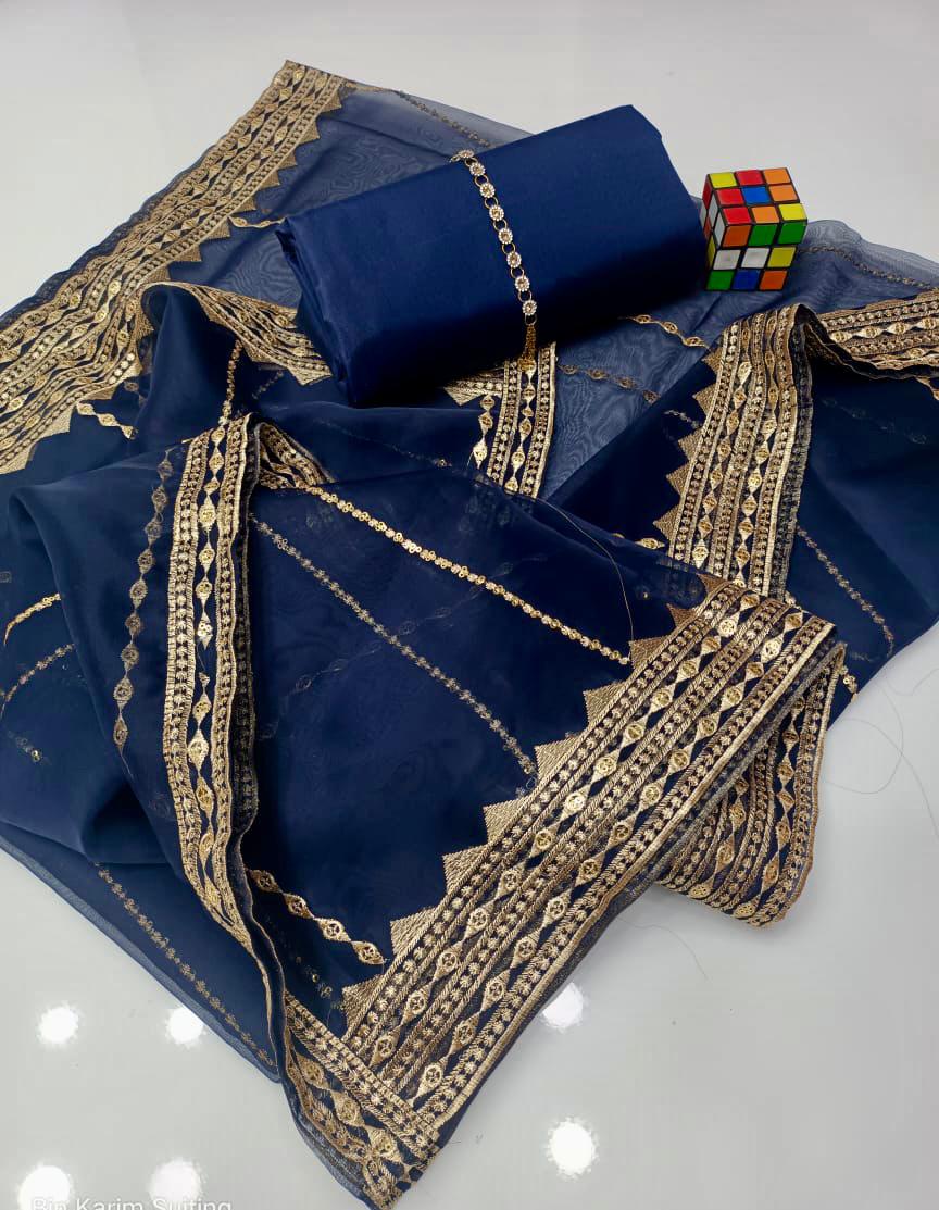 3-Piece Kataan Silk Unstitched Dress with Organza Dupatta & Neckline