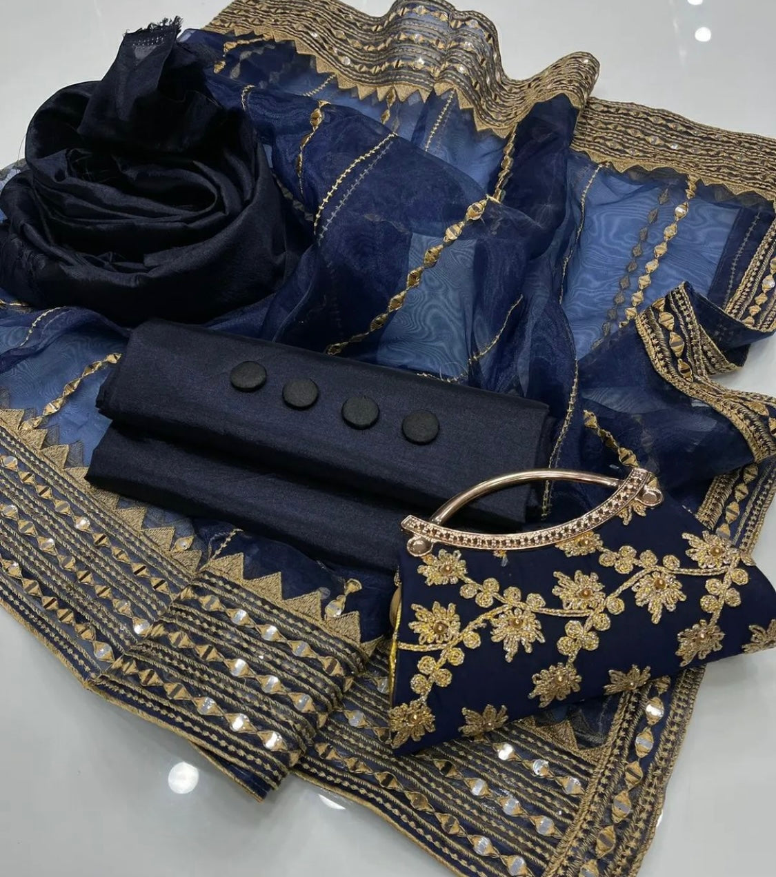 Elegant Kataan Silk 4-Piece Unstitched Dress with Organza Dupatta & Clutch