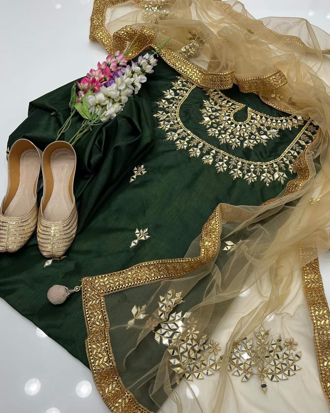 Kataan Suit with Net Mirror Work Dupatta