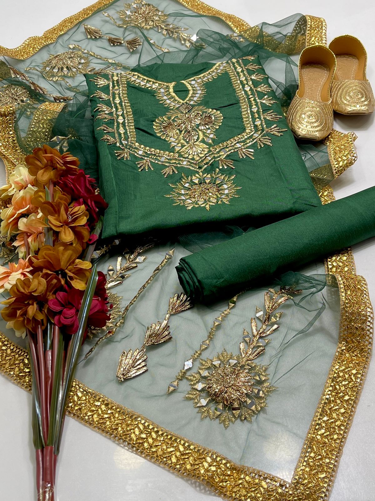 Kataan Silk Suit with Net Kinari Work Dupatta