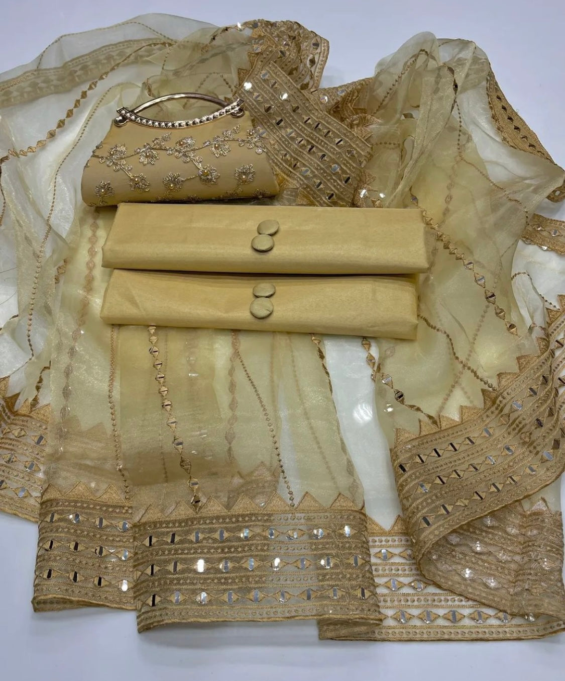 Elegant Kataan Silk 4-Piece Unstitched Dress with Organza Dupatta & Clutch