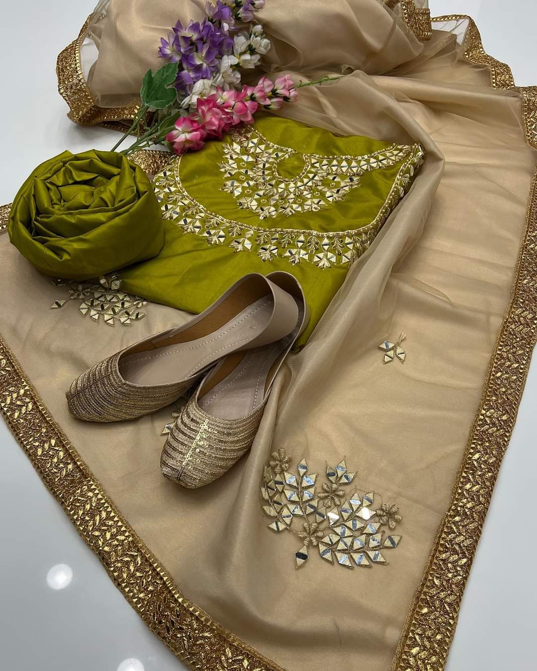 Kataan Suit with Net Mirror Work Dupatta