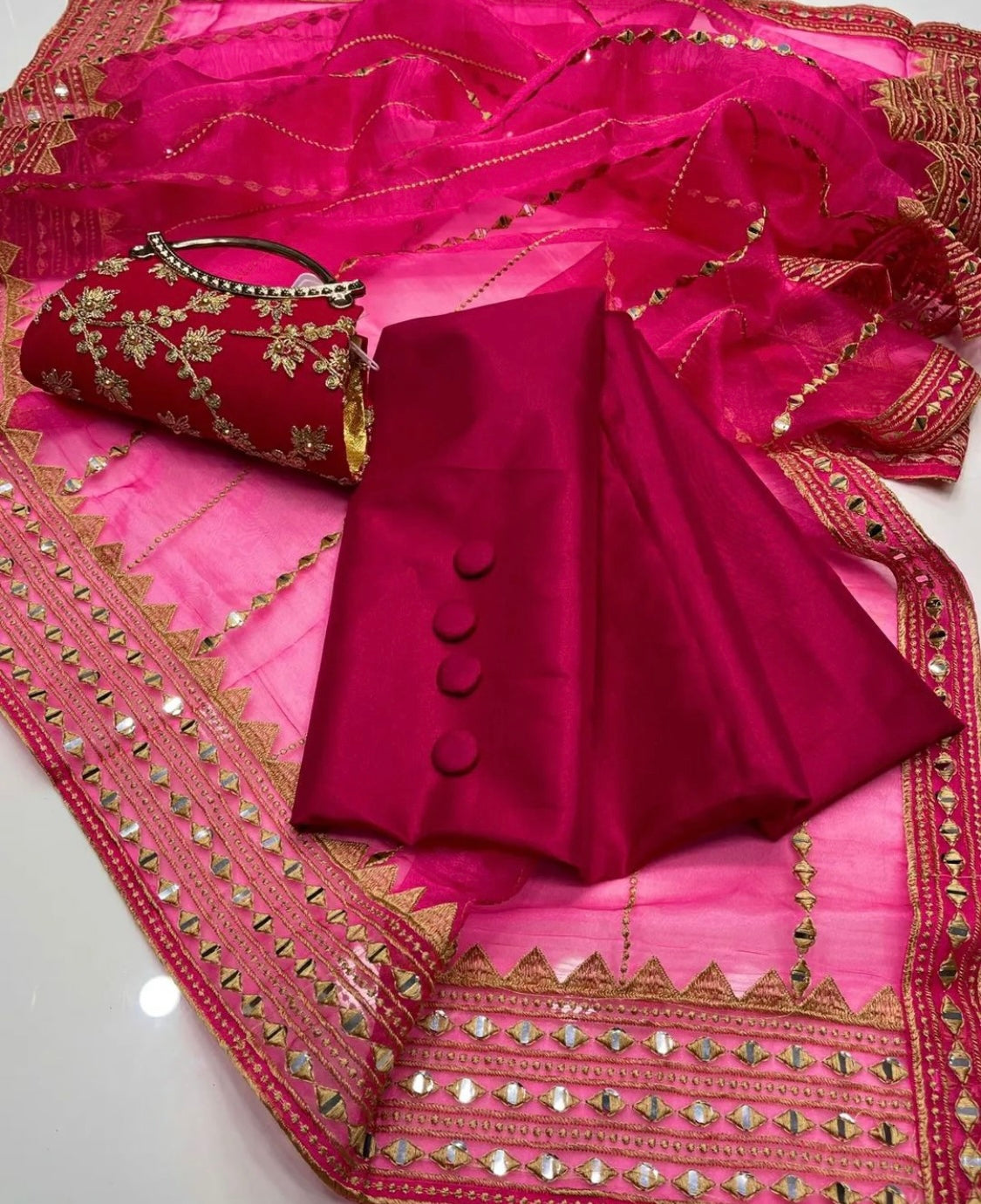 Elegant Kataan Silk 4-Piece Unstitched Dress with Organza Dupatta & Clutch