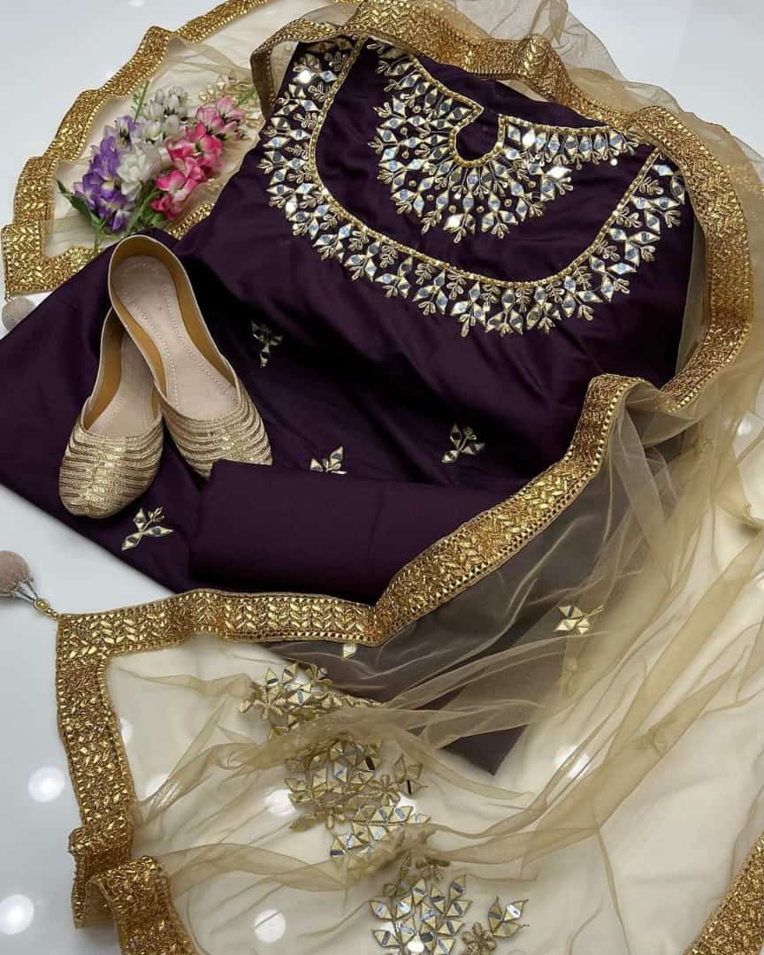 Kataan Suit with Net Mirror Work Dupatta