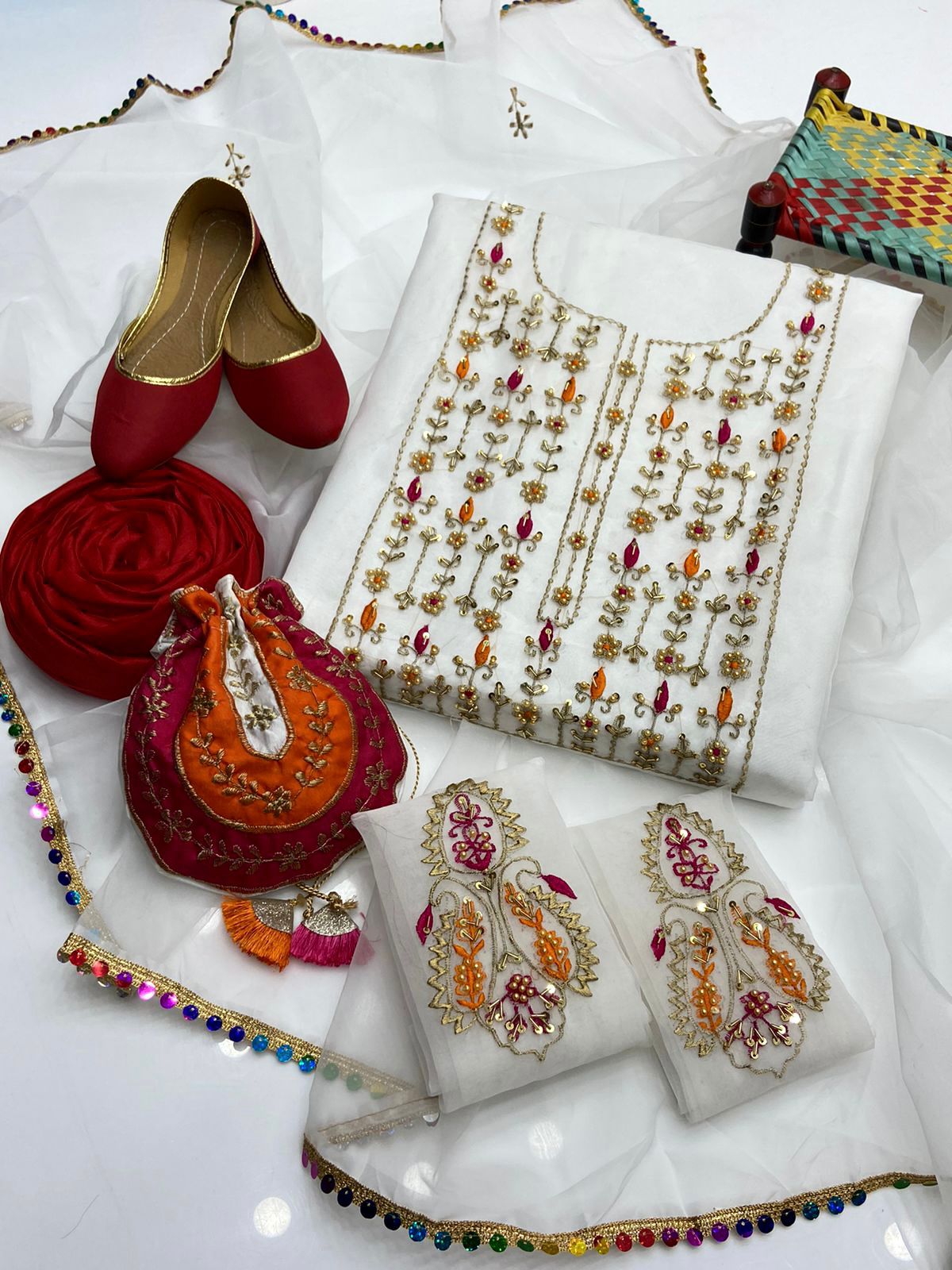 5-Piece Unstitched Dress with Indian Organza & Nagina Beadwork