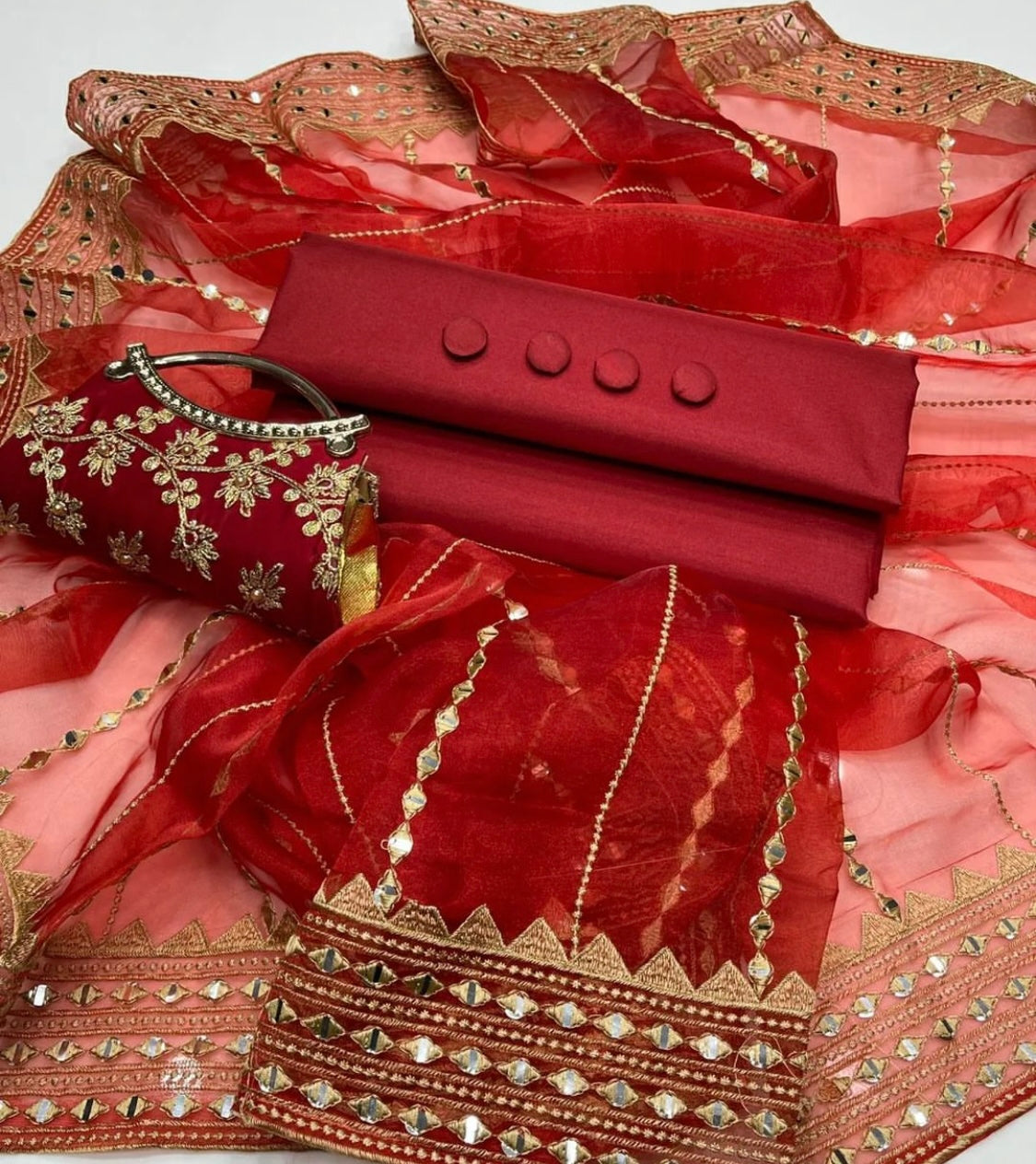 Elegant Kataan Silk 4-Piece Unstitched Dress with Organza Dupatta & Clutch