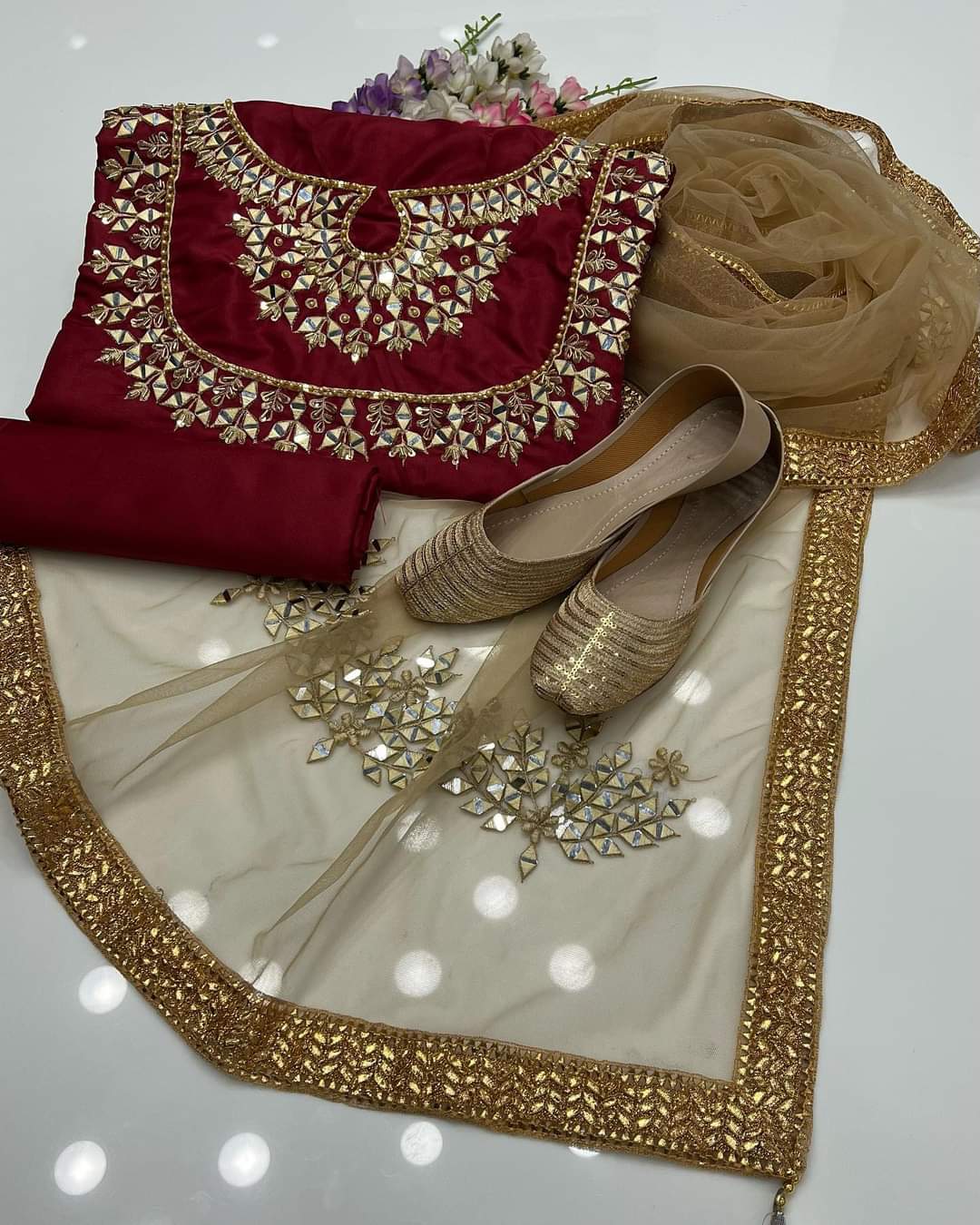 Kataan Suit with Net Mirror Work Dupatta